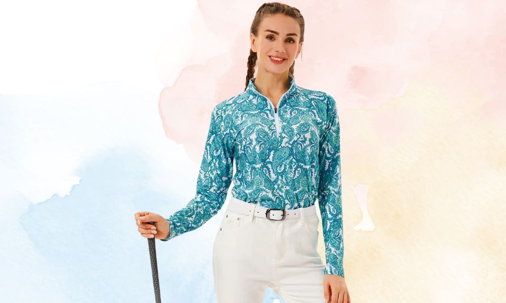 Green Paisley Quarter-zip Long Sleeve Polo Shirt for Ladies