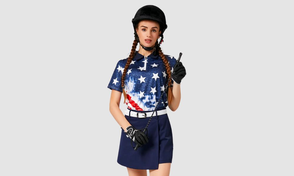 Wearing a blue skirt with a patriotic short-sleeved polo shirt