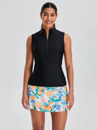 Black Quarter-zip Sleeveless Tankini Top For Women