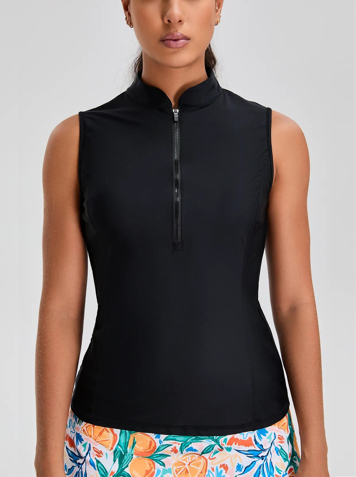 Black Quarter-zip Sleeveless Tankini Top For Women