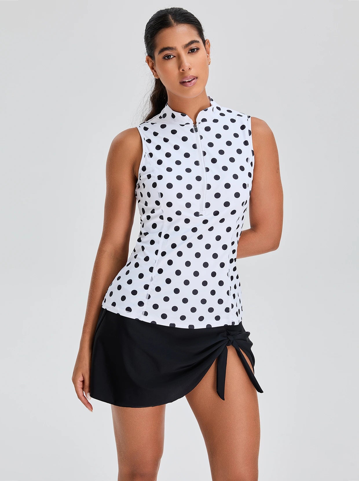 Women's Black Dot Quarter-zip Sleeveless Tankini Top