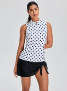 Women's Black Dot Quarter-zip Sleeveless Tankini Top