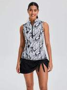 Women's White Floral Quarter-zip Sleeveless Tankini Top