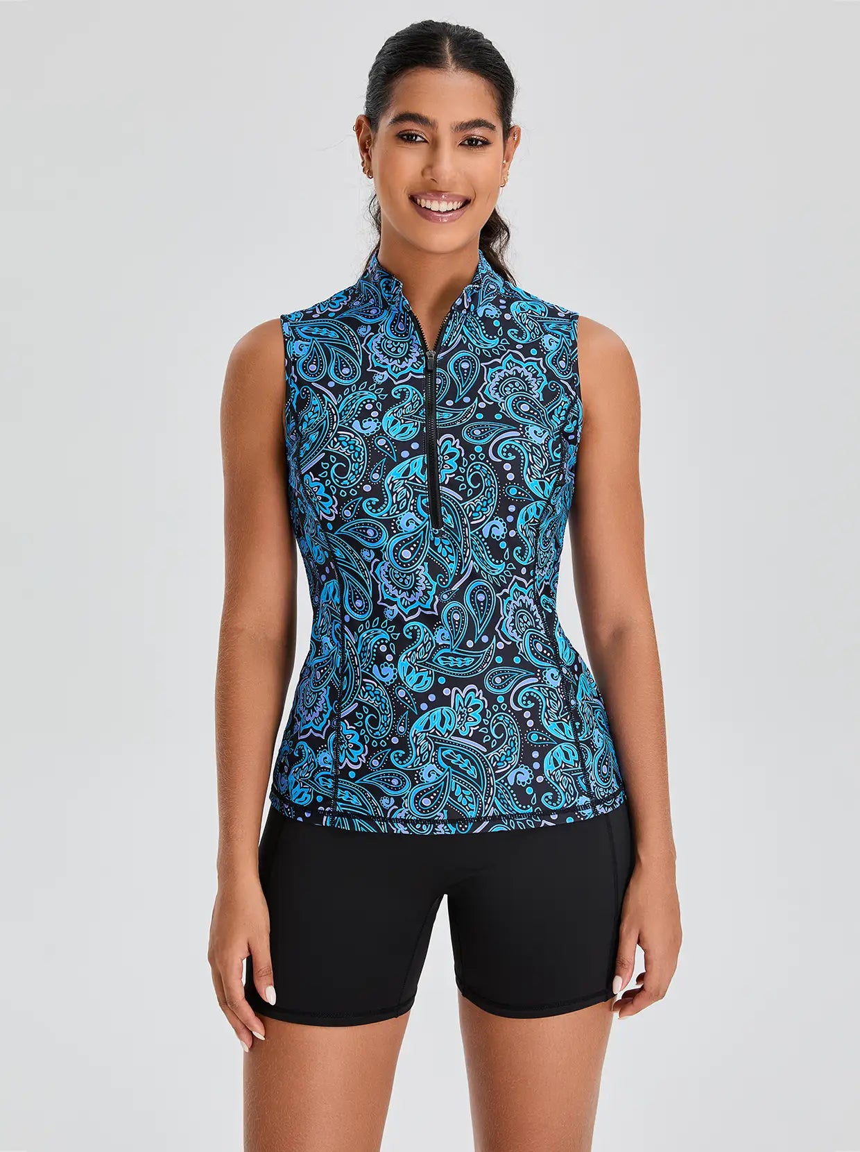 Blue Paisley Quarter-zip Sleeveless Tankini Top For Women