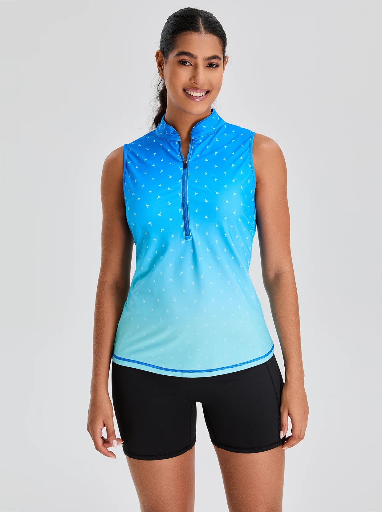 Blue Gradient Print Quarter-zip Sleeveless Tankini Top For Women
