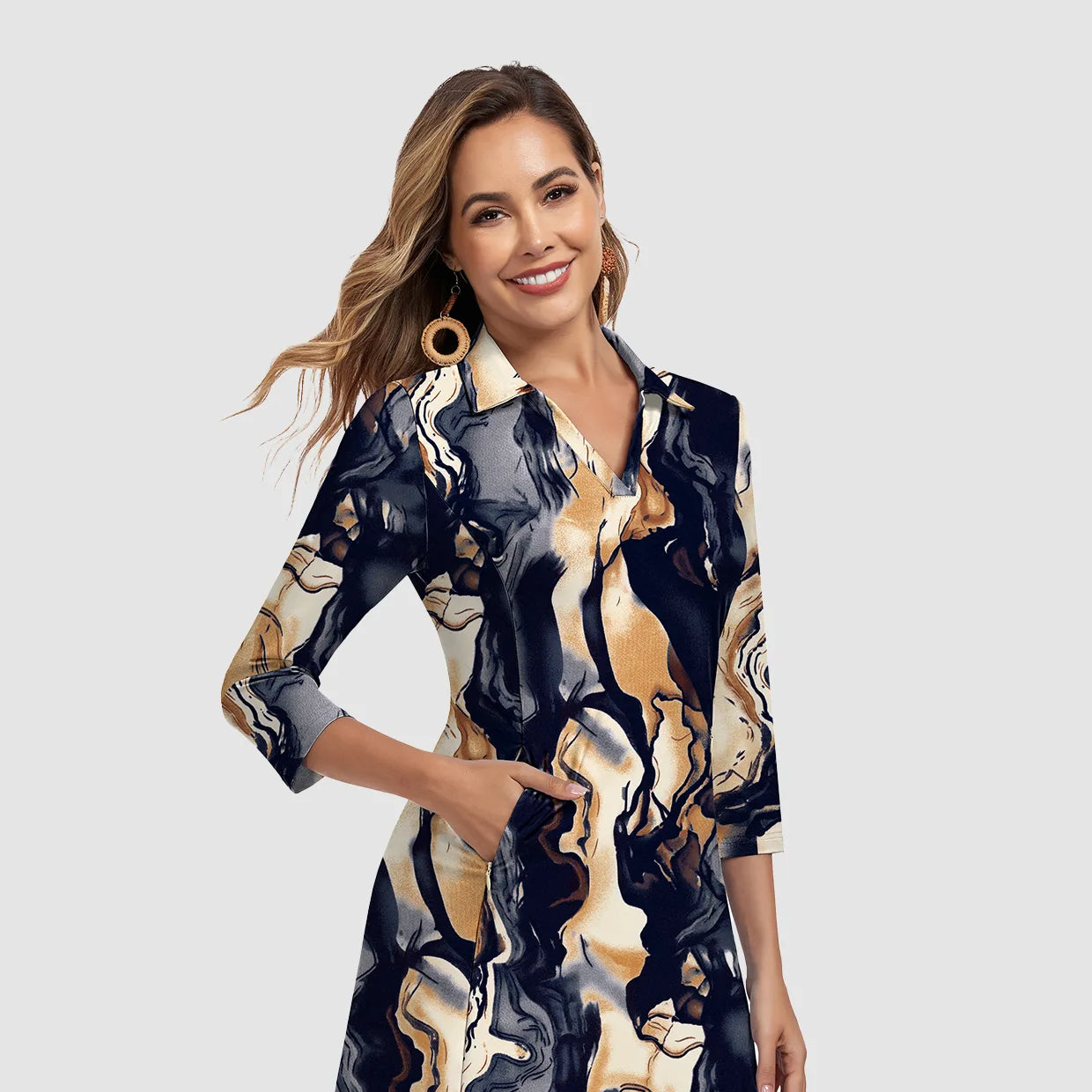 35" V-neck 3/4 Sleeve Polo Dresses with Shorts and Pockets