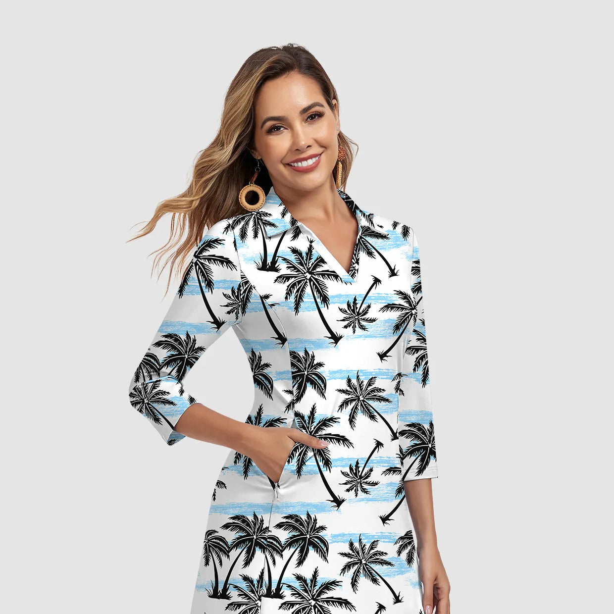 35" V-neck 3/4 Sleeve Polo Dresses with Shorts and Pockets