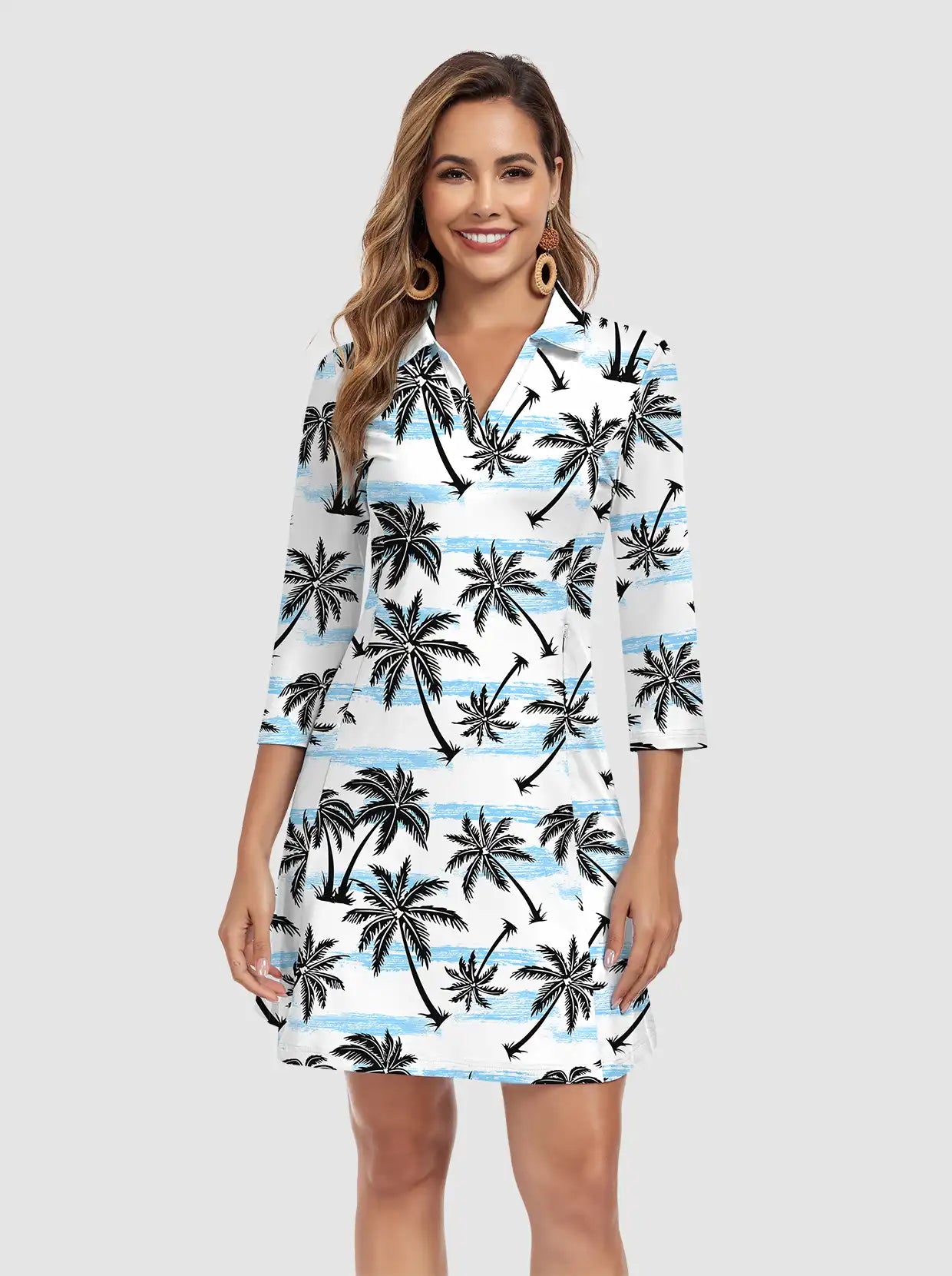 Women's V-neck 3/4 Sleeve Polo Dress with Shorts