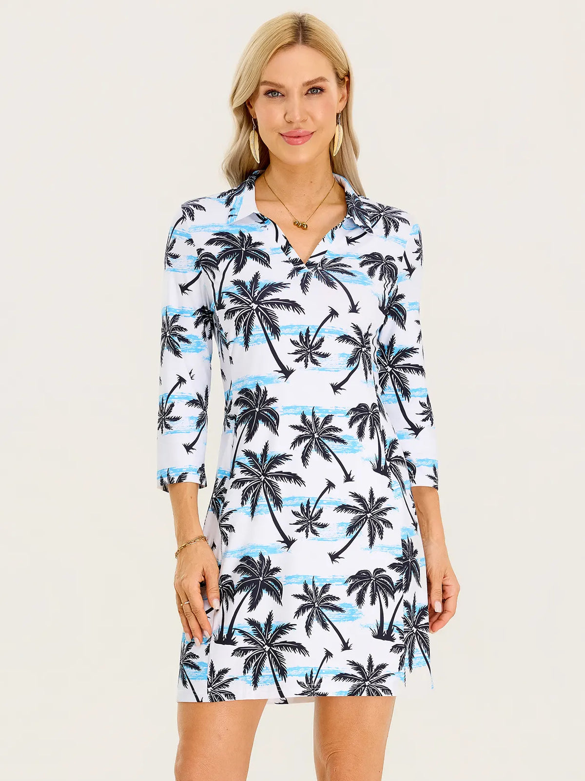 35" V-neck 3/4 Sleeve Polo Dresses with Pockets