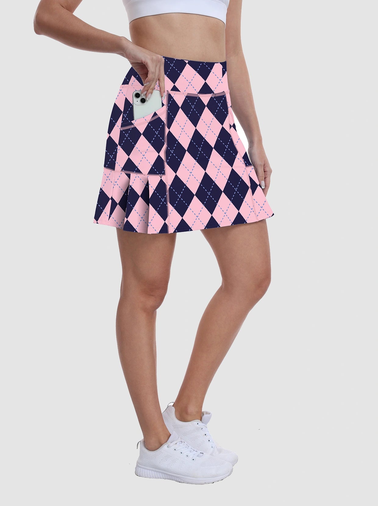 Ladies 17" Pink Checkerboard Pleated Skort with Shorts and