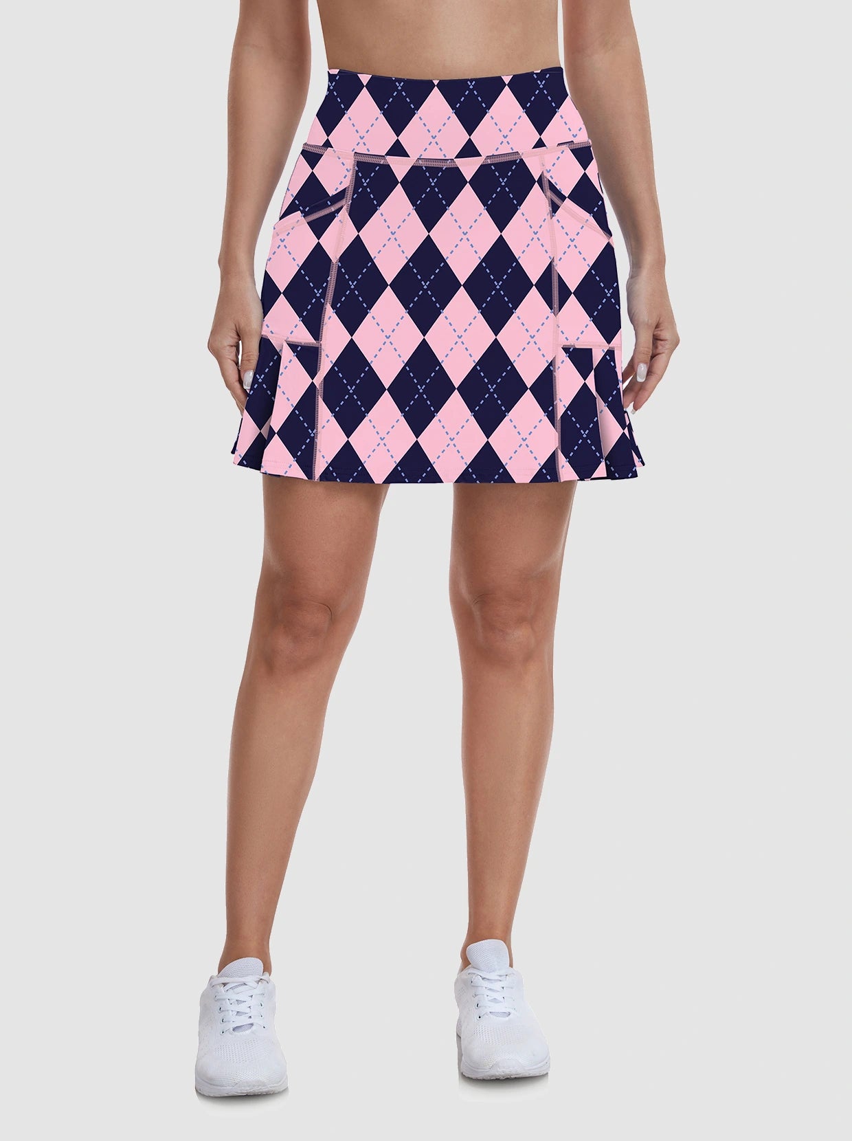 Ladies 17" Pink Checkerboard Pleated Skort with Shorts and Pockets