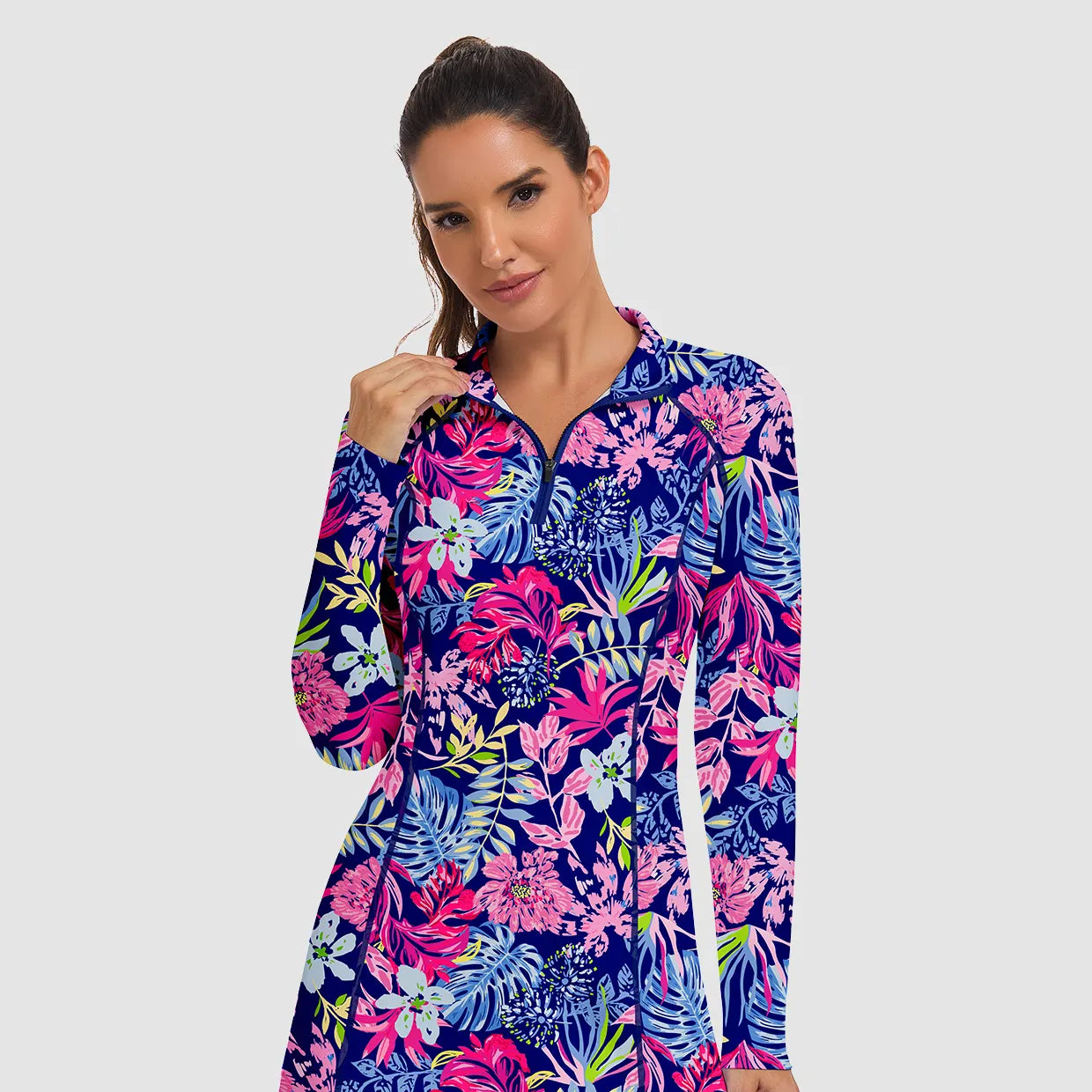 35" Stand-collar Long-sleeve Golf Dresses with Shorts