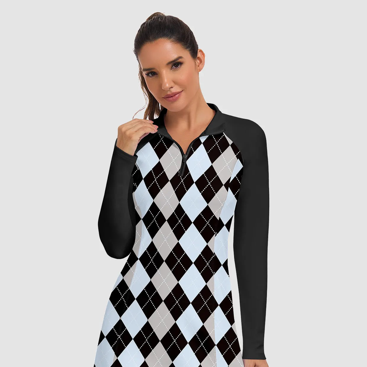 35" Stand-collar Long-sleeve Golf Dresses with Shorts
