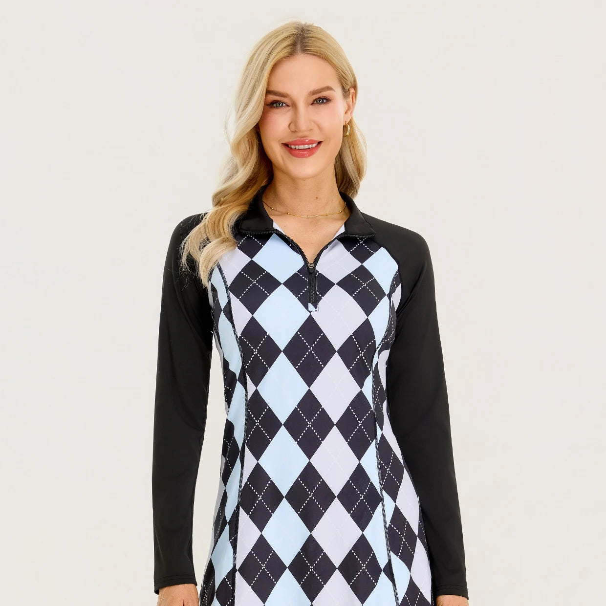 35" Stand-collar Long-sleeve Golf Dresses with Shorts