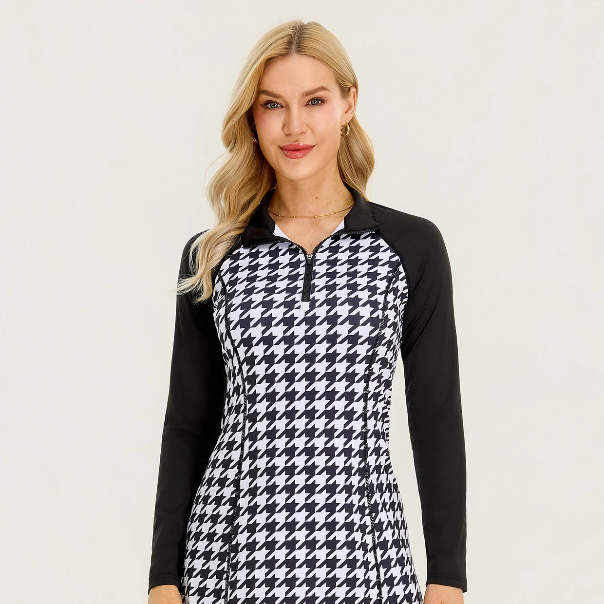 35" Stand-collar Long-sleeve Golf Dresses with Shorts