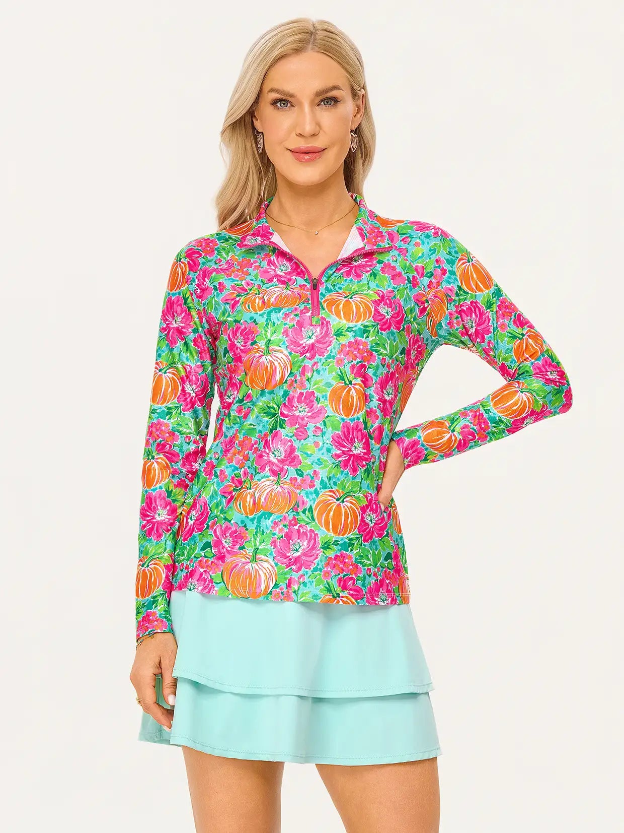 Halloween Pumpkin and Floral Stand-collar Long-sleeve Polo Shirt