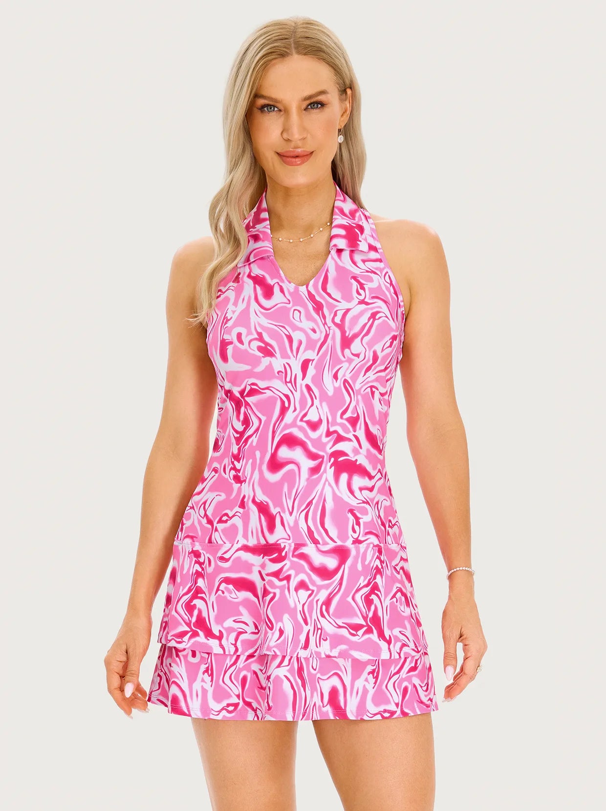 Pink Water Ripples 32" Racerback Sleeveless Active Dress with Shorts