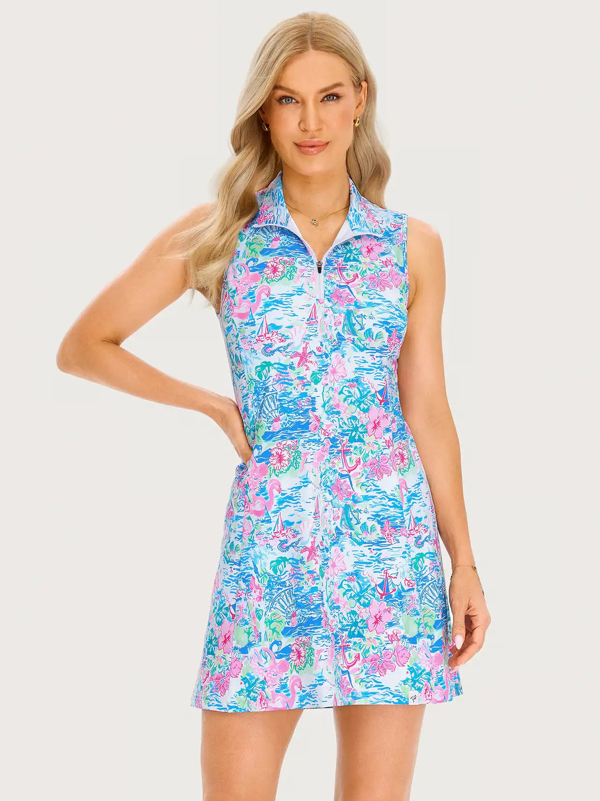 33" Spring Scenery Stand-collar Sleeveless Golf Dress with Shorts