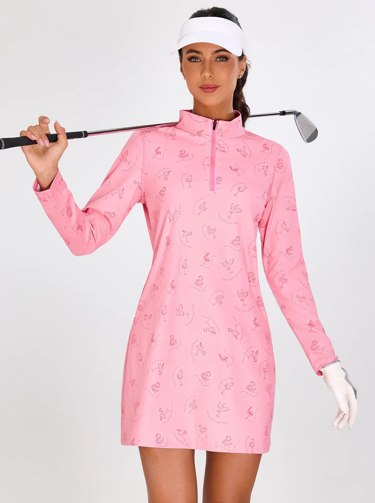 Pink Flamingo Quarter-zip Long-sleeve Golf Dress with Shorts