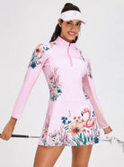 33" Pink Flamingo and Floral Quarter-zip Long-sleeve Dress