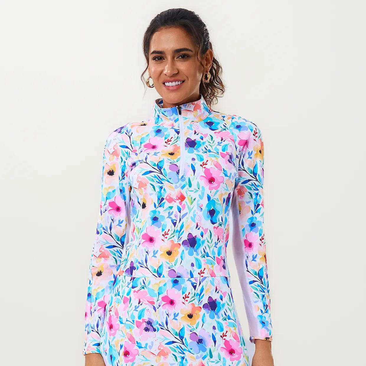 Breathable Colorful Floral 34" Quarter-zip Long-sleeve Dress