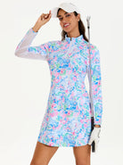 34" Spring Scenery Print Stand-collar Long-sleeve Dress with Shorts