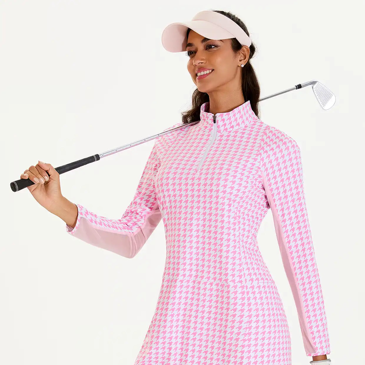 34" Houndstooth Print Quarter-zip Long-sleeve Dress with Shorts