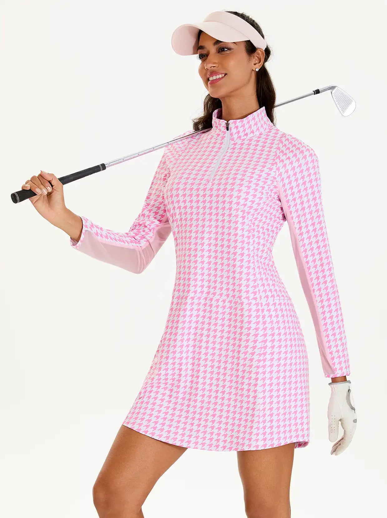 34" Houndstooth Print Quarter-zip Long-sleeve Dress with Shorts