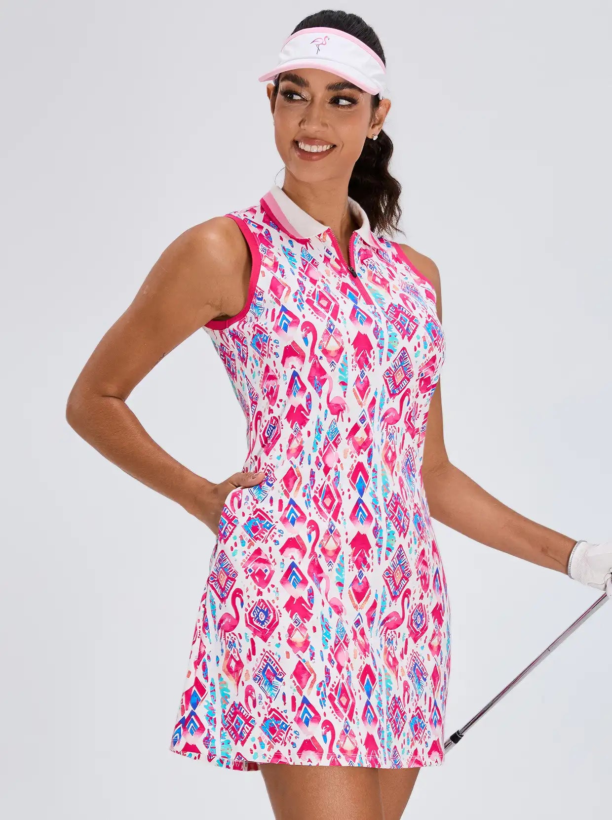 34" Pink Flamingo Quarter-zip Sleeveless Dress