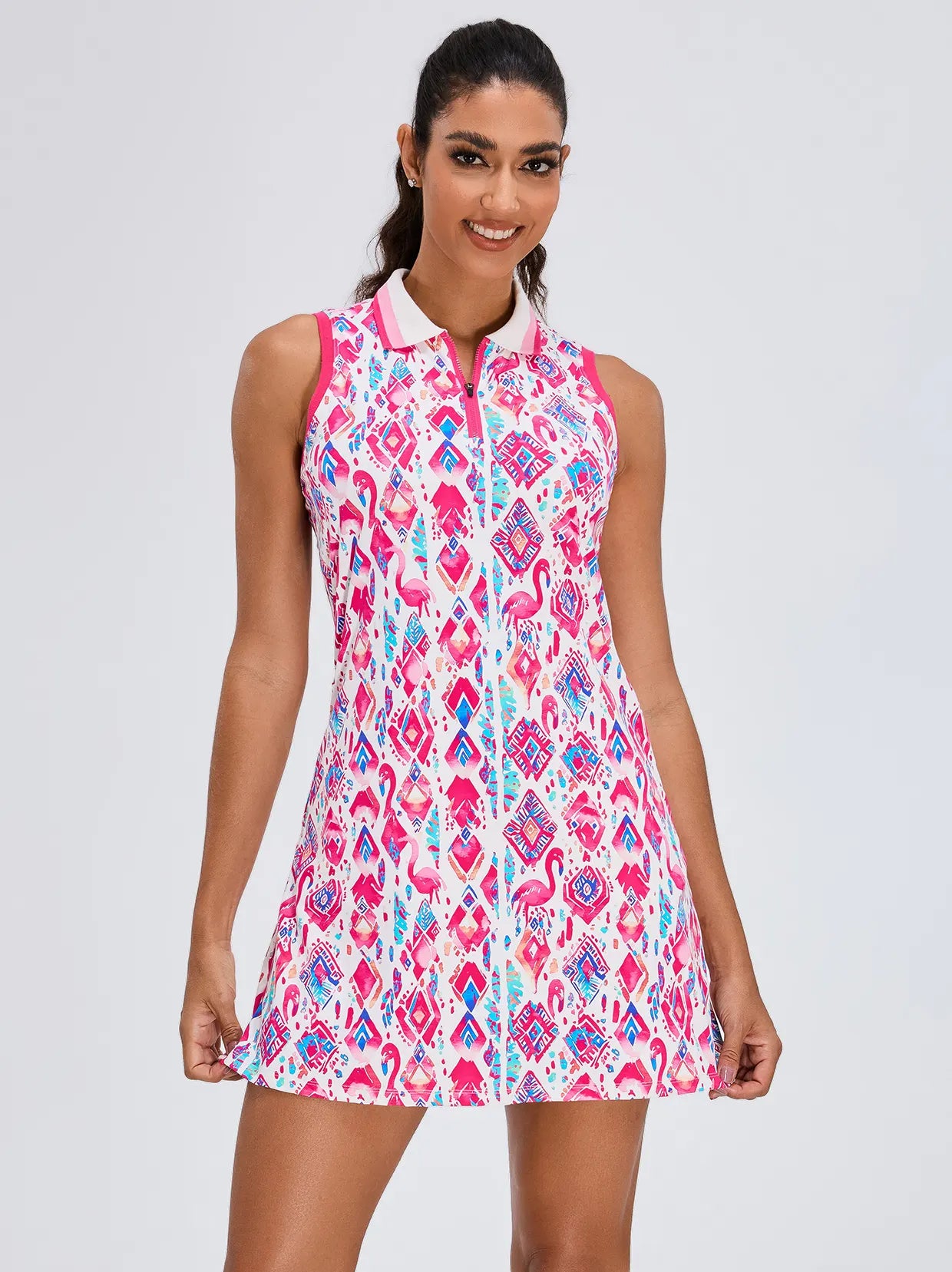 LuxeCool™ 34" Pink Flamingo Quarter-zip Sleeveless Dress