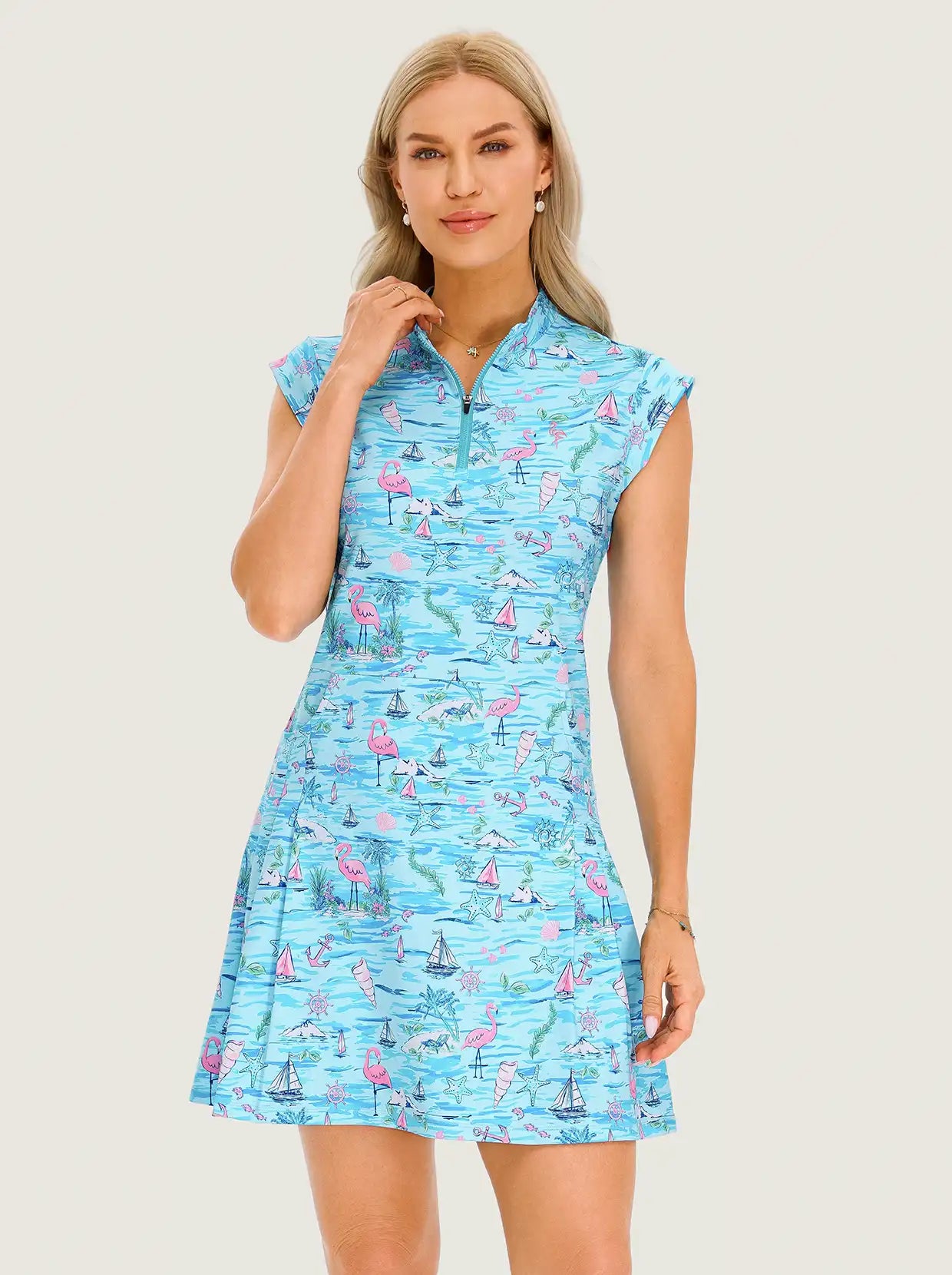 34" Blue Flamingo Quarter-zip Golf Dress with Pockets and Shorts