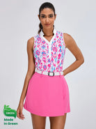 LuxeCool™ Pink Flamingo V-neck Button-placket Sleeveless Shirt