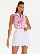 Pink Wildlife-themed Ruffled Quarter-zip Sleeveless Shirt