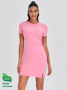 Pink 35" Crew-neck Short-sleeve Dress For Women
