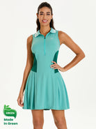 Eco-Friendly 35" Green Quarter-zip Pleated Dress with Shorts