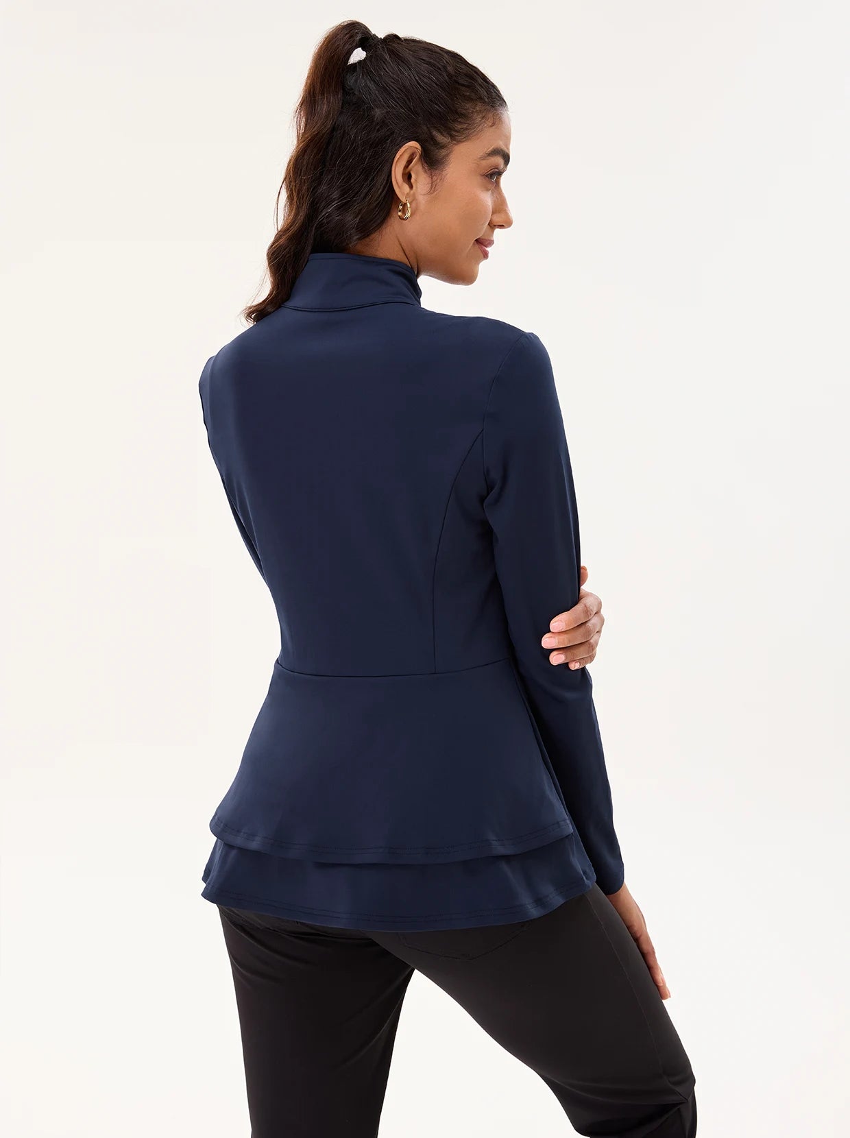 Navy Ruffled Back Hem Full-zip Long-sleeve Jacket with Pockets