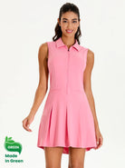 Eco-Friendly Pink Sleeveless Pleated Dress with Pockets