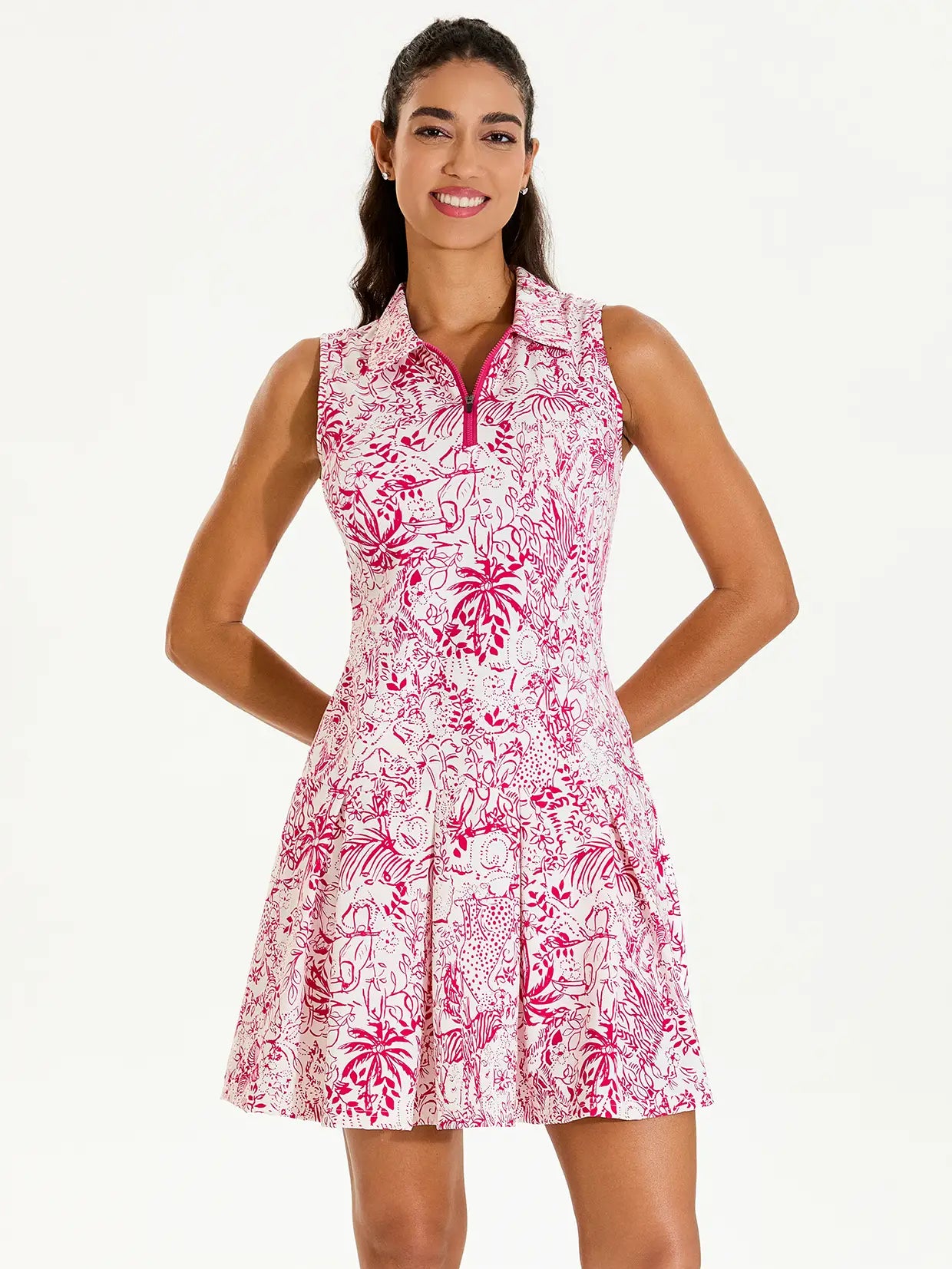 Pink Wildlife Print 34" Quarter-zip Sleeveless Pleated Dress
