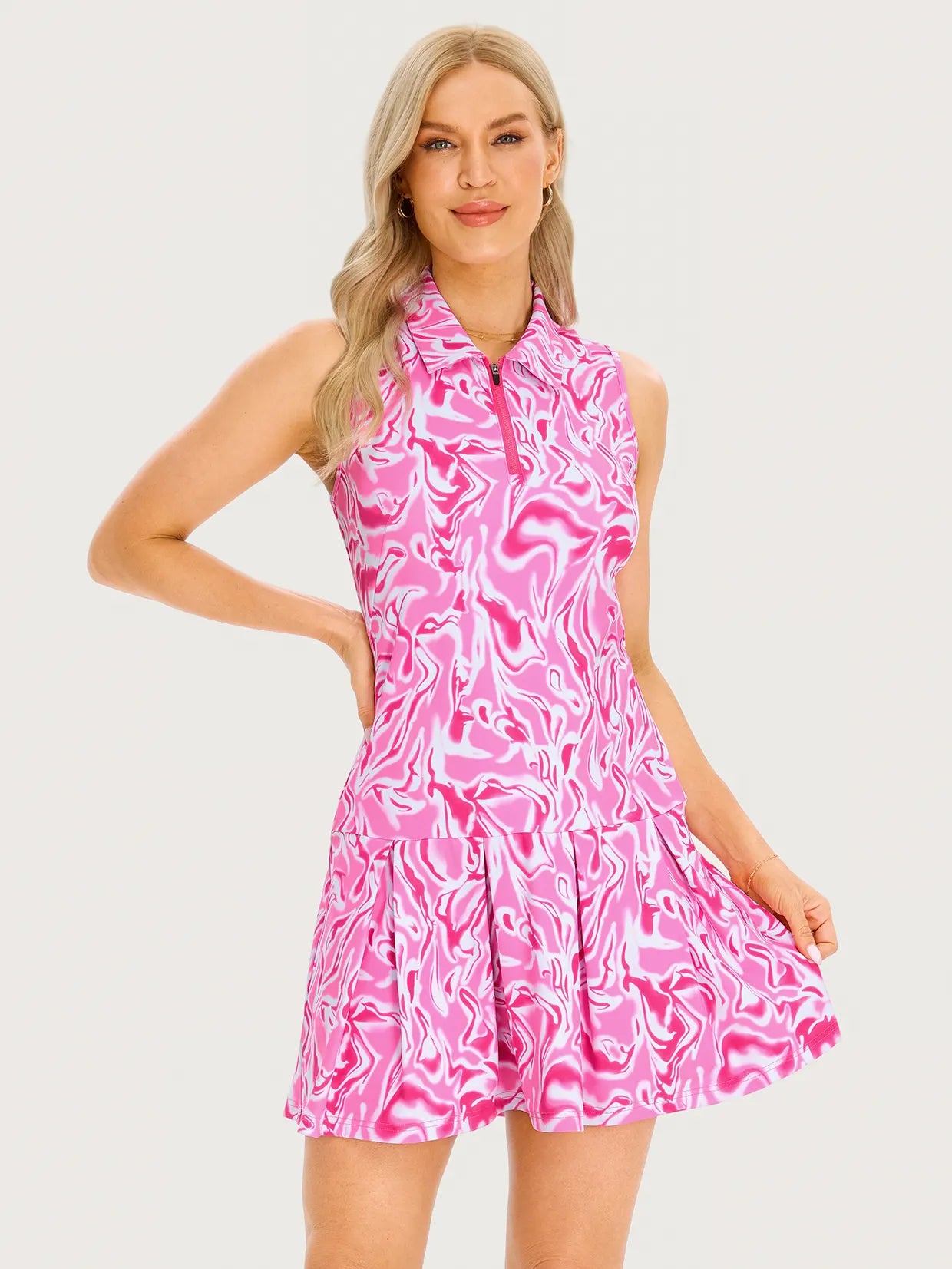 34" Pink Water Ripple Sleeveless Pleated Dress with Shorts and Pockets