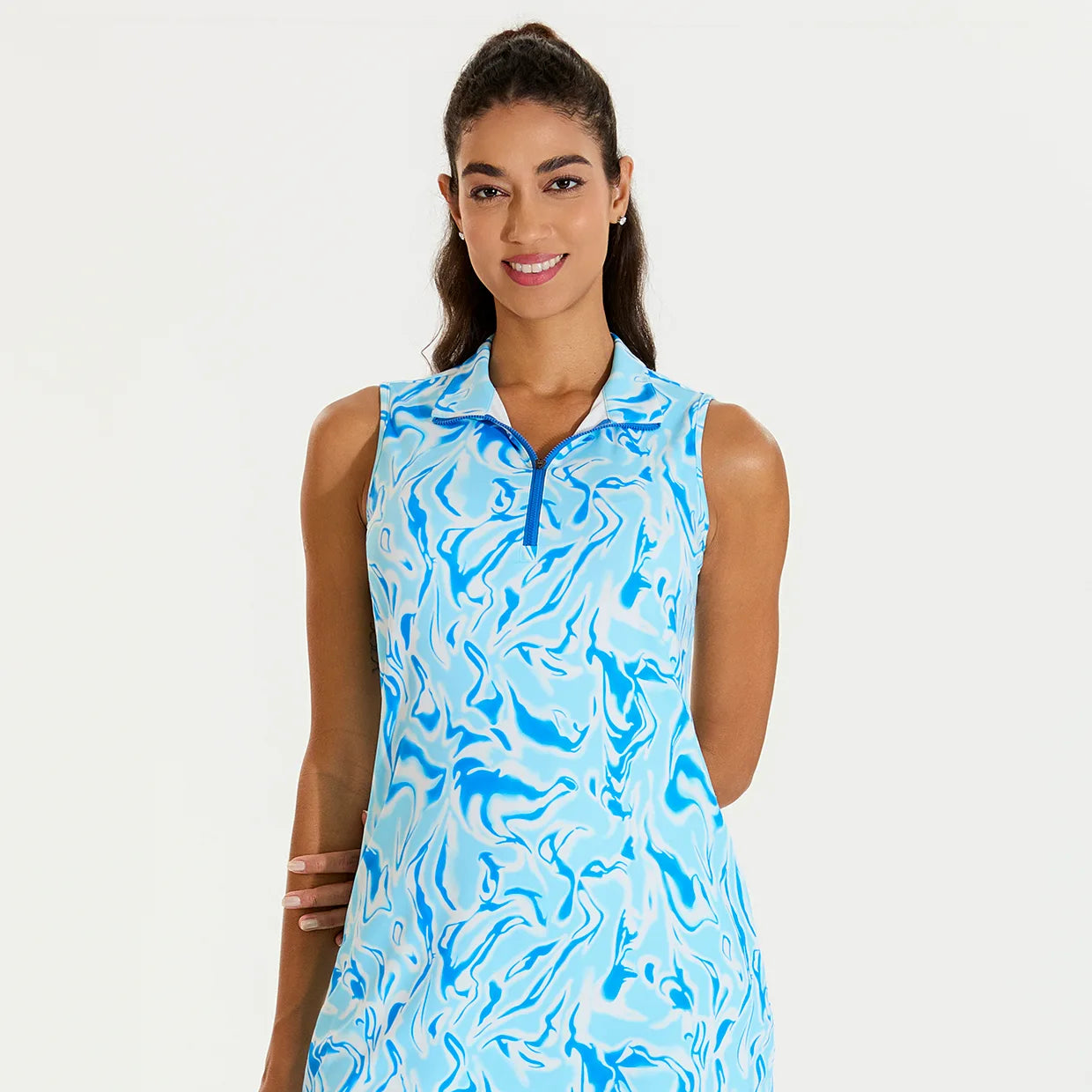 35" Blue Water Ripples Stand-collar Sleeveless Dress with Pockets