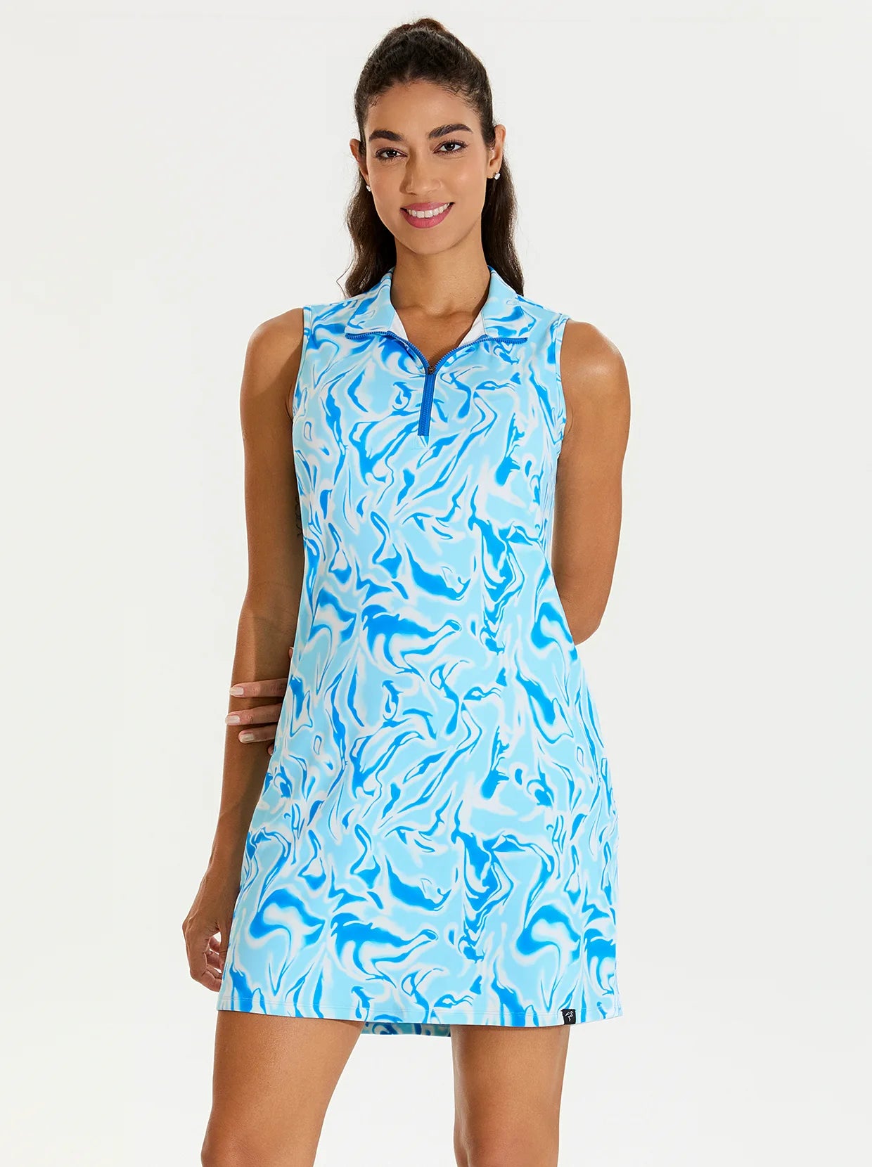 35" Blue Water Ripples Stand-collar Sleeveless Dress with Pockets