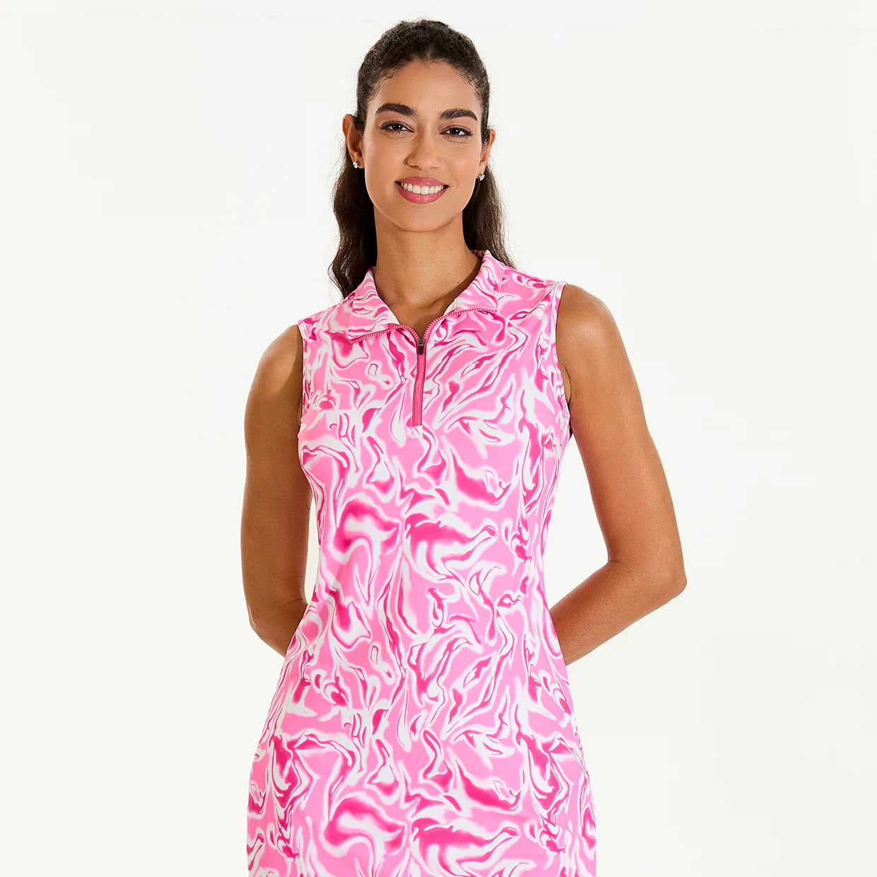 Pink Water Ripples 35" Stand-collar Sleeveless Dress with Pockets