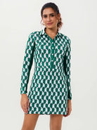 34" Green Geometric Button-placket Long-sleeve Polo Dress with Pocket