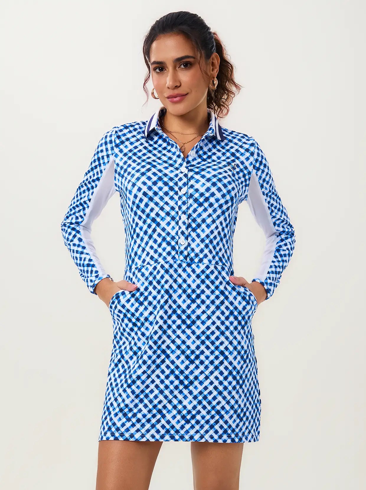 34" Breathable Blue Checkerboard Long-sleeve Polo Dress with Pocket