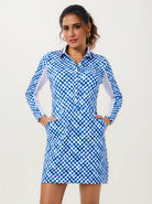 34" Breathable Blue Checkerboard Long-sleeve Polo Dress with Pocket
