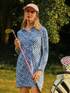 34" Breathable Blue Checkerboard Long-sleeve Polo Dress with Pocket