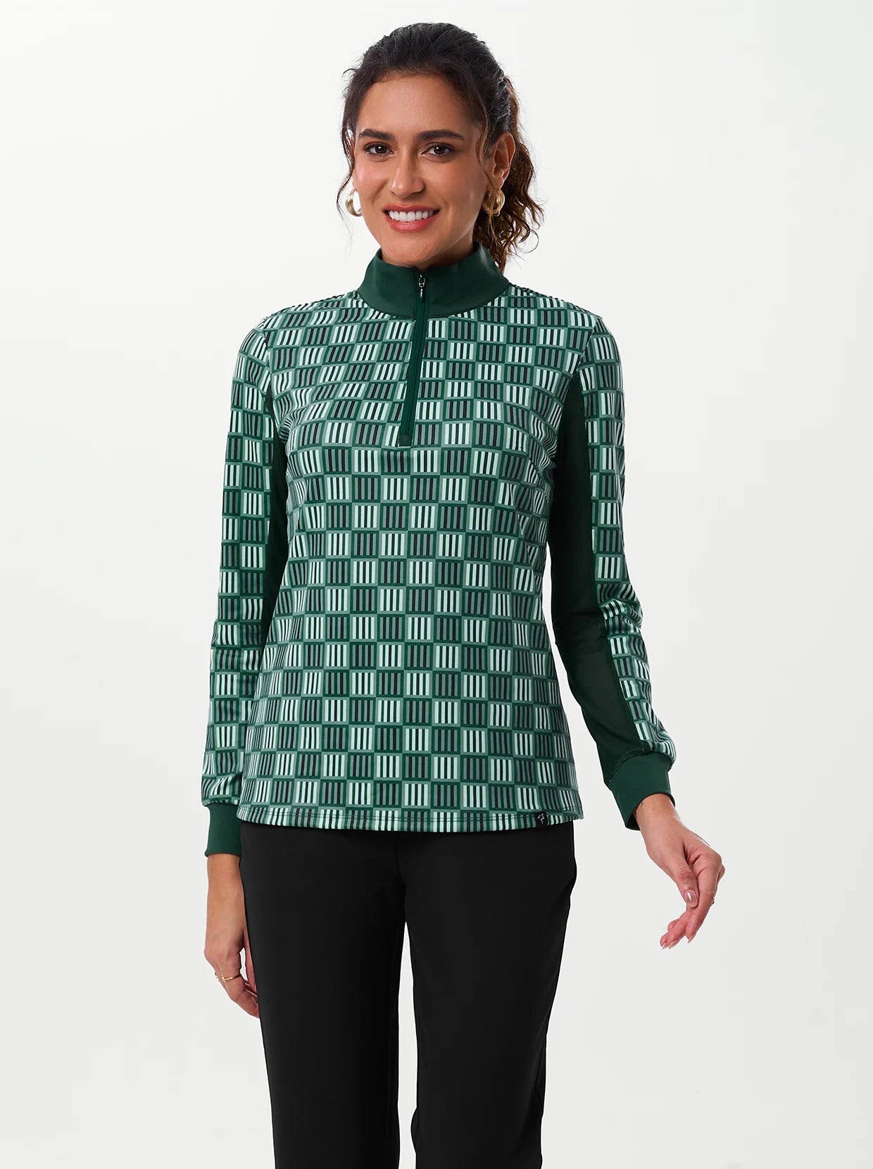 Striped Checkerboard Quarter-zip Long-sleeve Polo Shirt