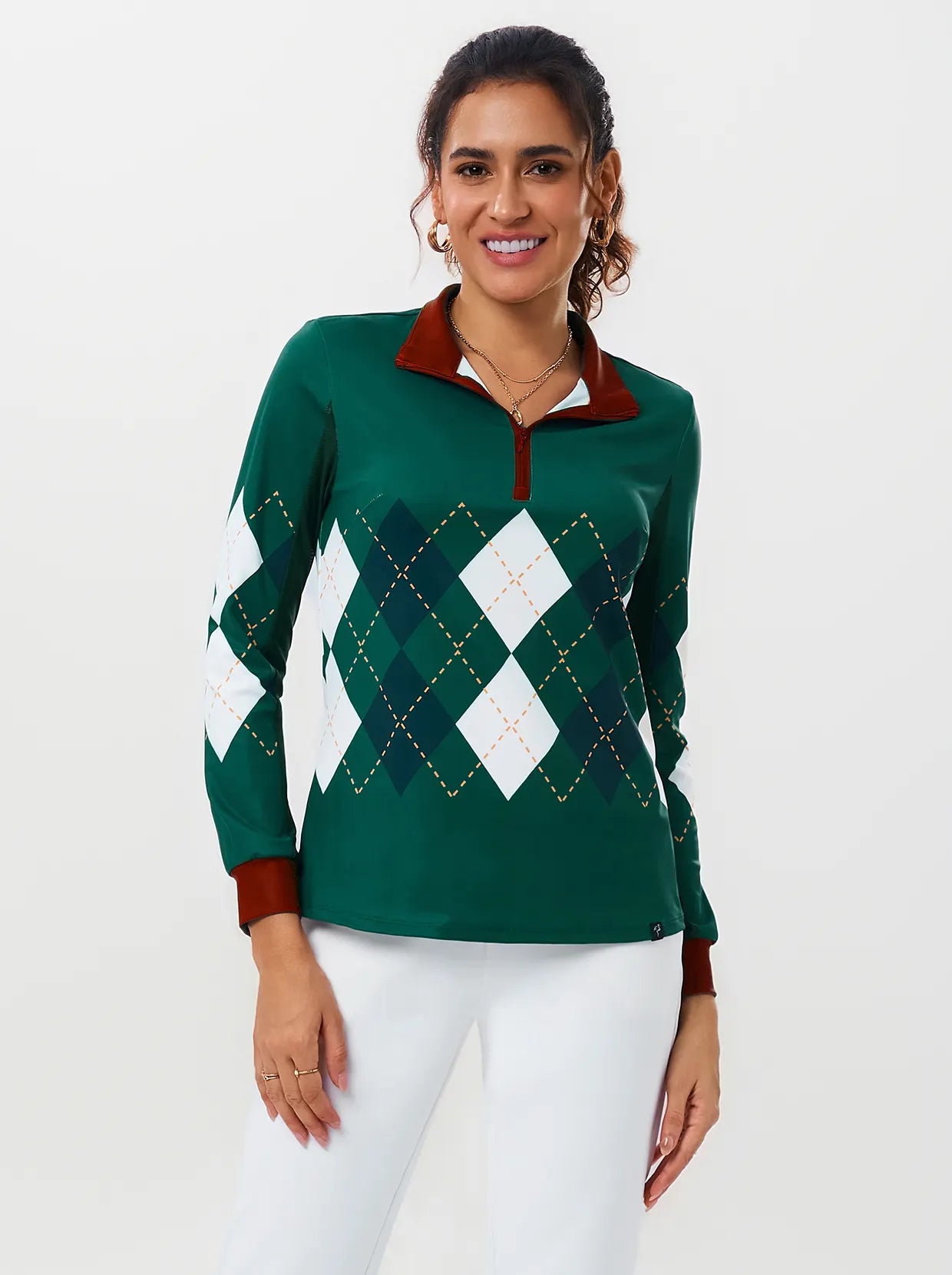 Green Checkerboard Quarter-zip Half-Mesh sleeve Polo Shirt
