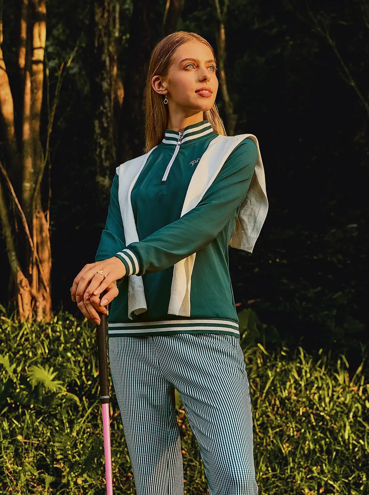 Green Stand-collar Long-sleeve Polo Shirt