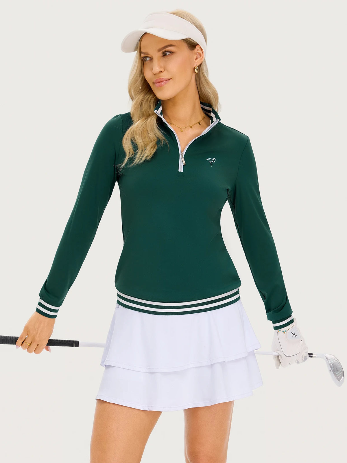 Green Stand-collar Long-sleeve Polo Shirt